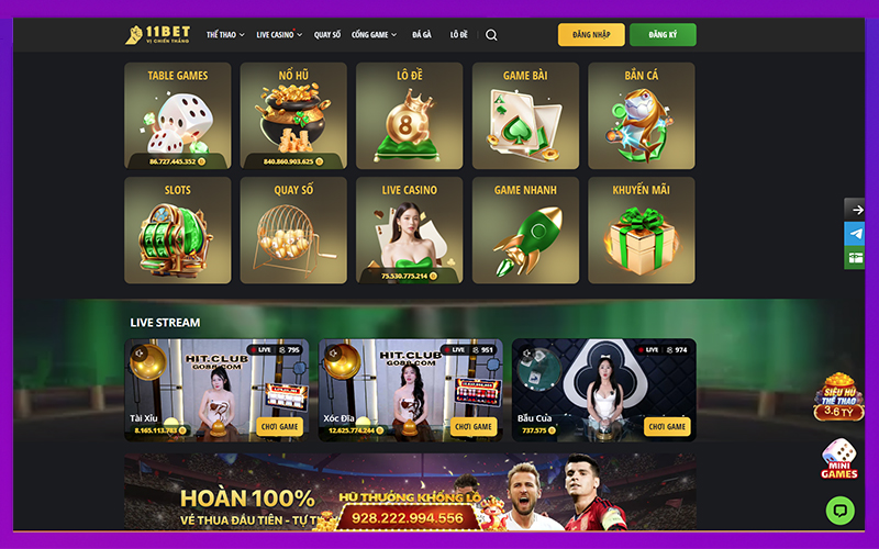 Hệ thống game 11Bet đa dạng từ thể thao, casino đến nổ hũ